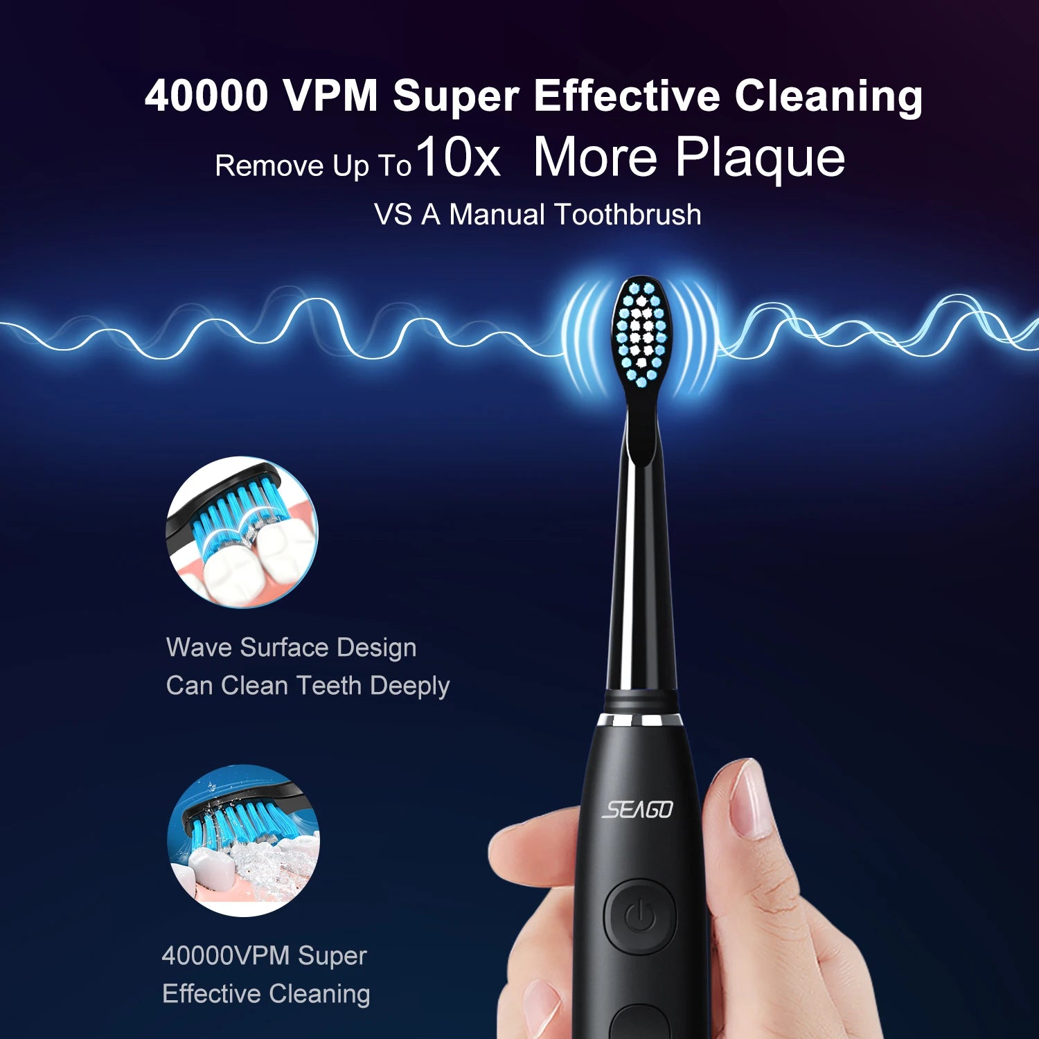 Black electric toothbrush with cleaning benefits on a dark blue background