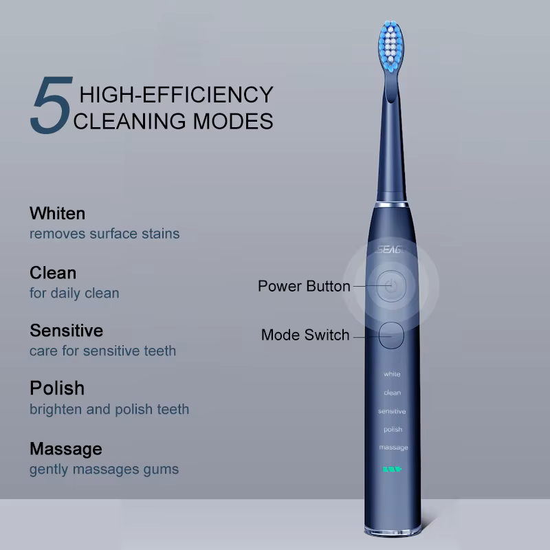 Electric toothbrush with cleaning modes labeled on a gray background