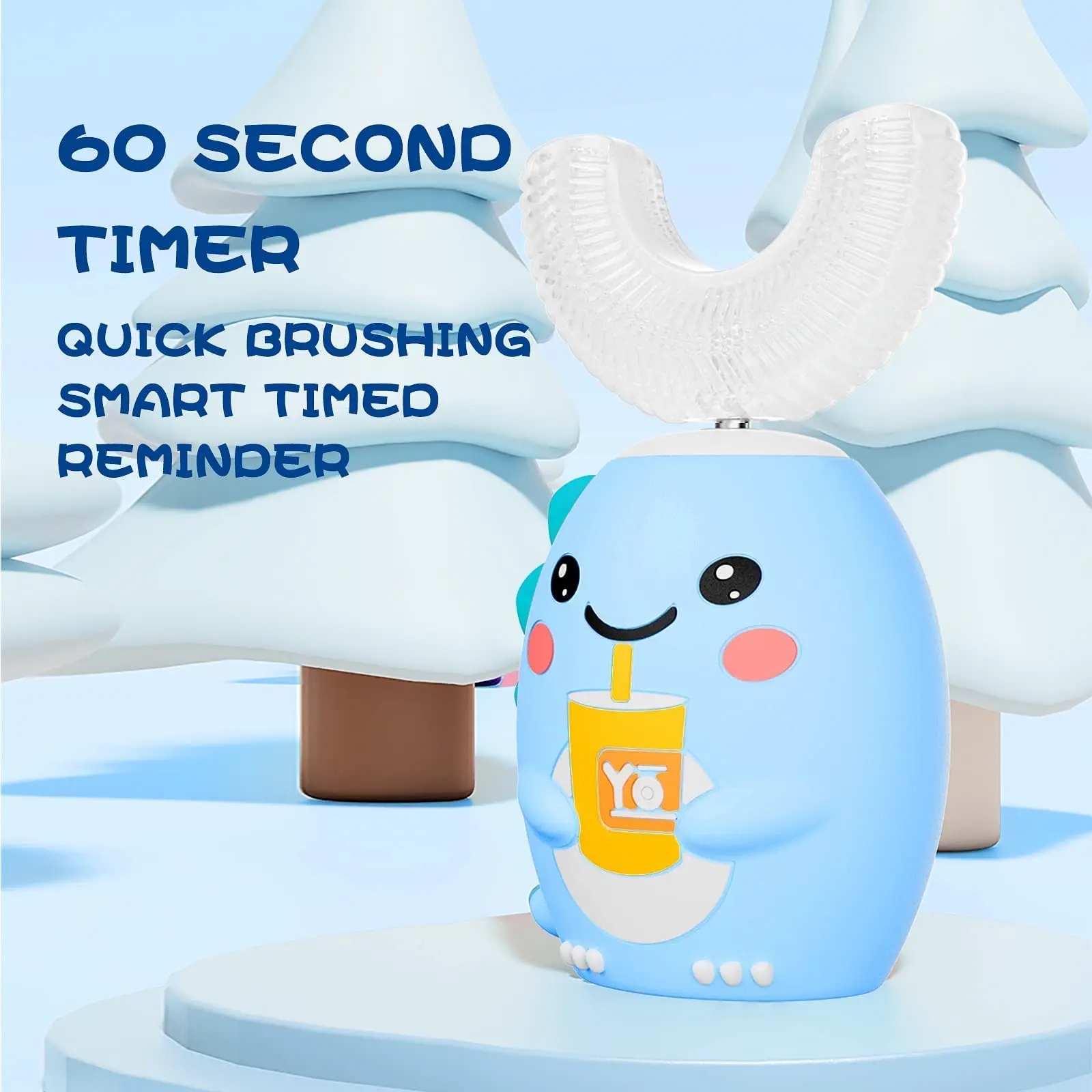Blue cartoon-like toothbrush with a smiley face and 'YO!' text, set against a snowy background.