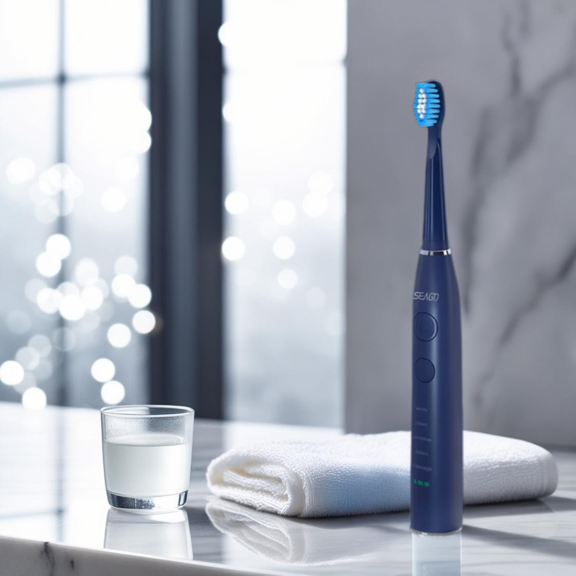 Blue electric toothbrush on a marble surface with a glass of water and a towel in the background.