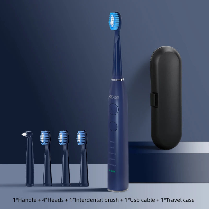 Blue electric toothbrush with travel case and brush heads on a dark background
