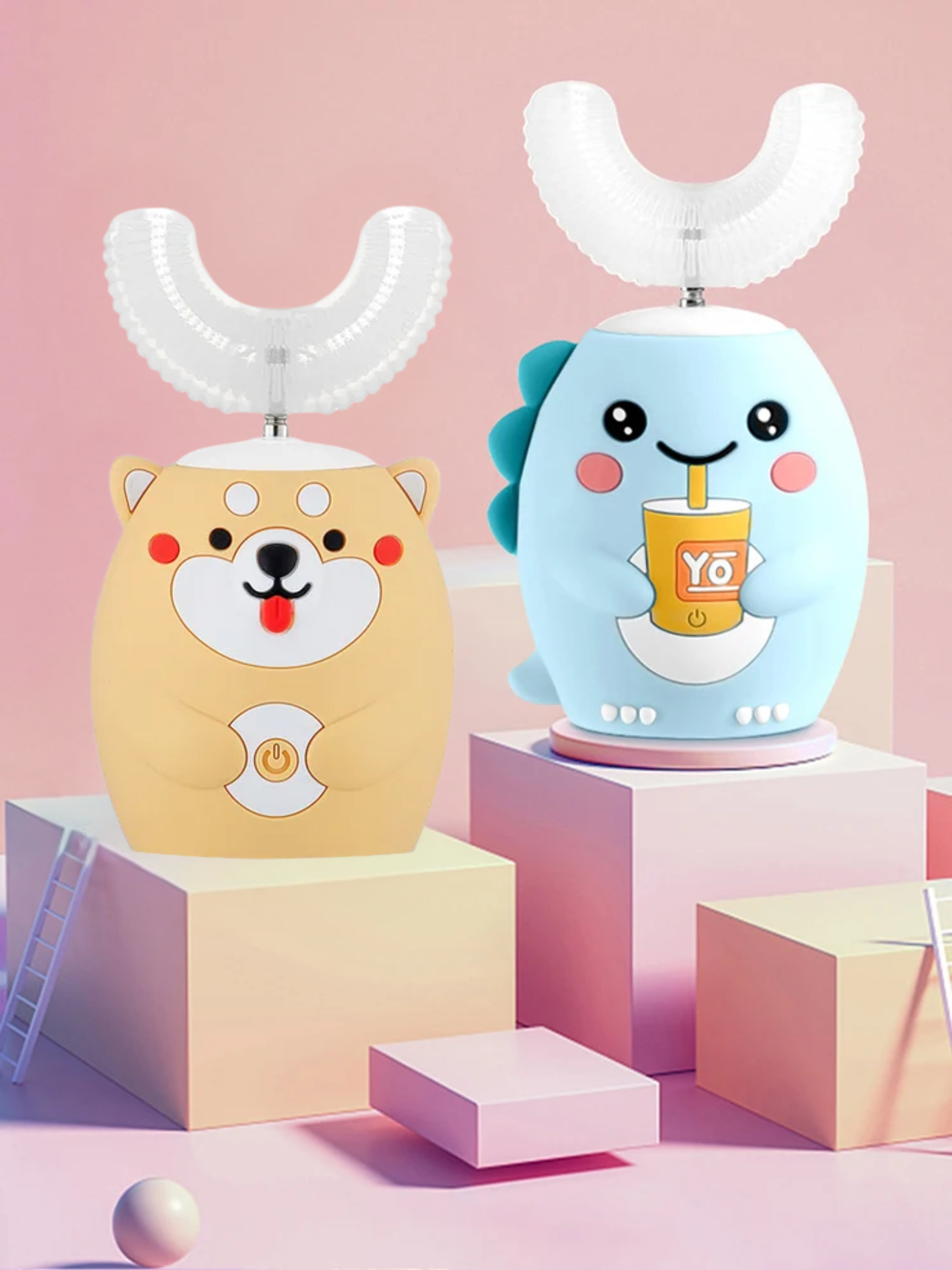 Two cartoon-style kids toothburushes on geometric platforms with a pink background