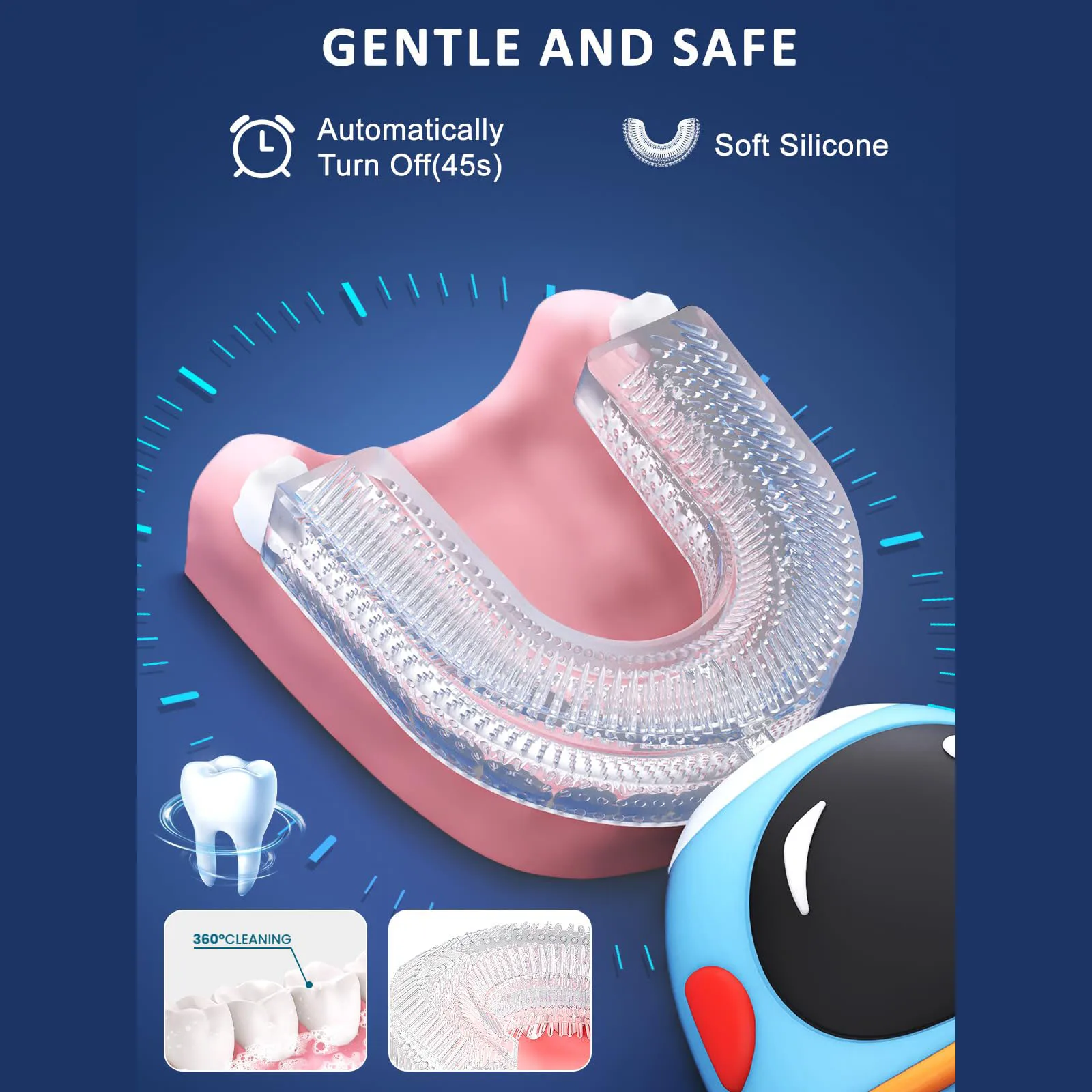 Pink and clear mouthguard with safety features on a blue background