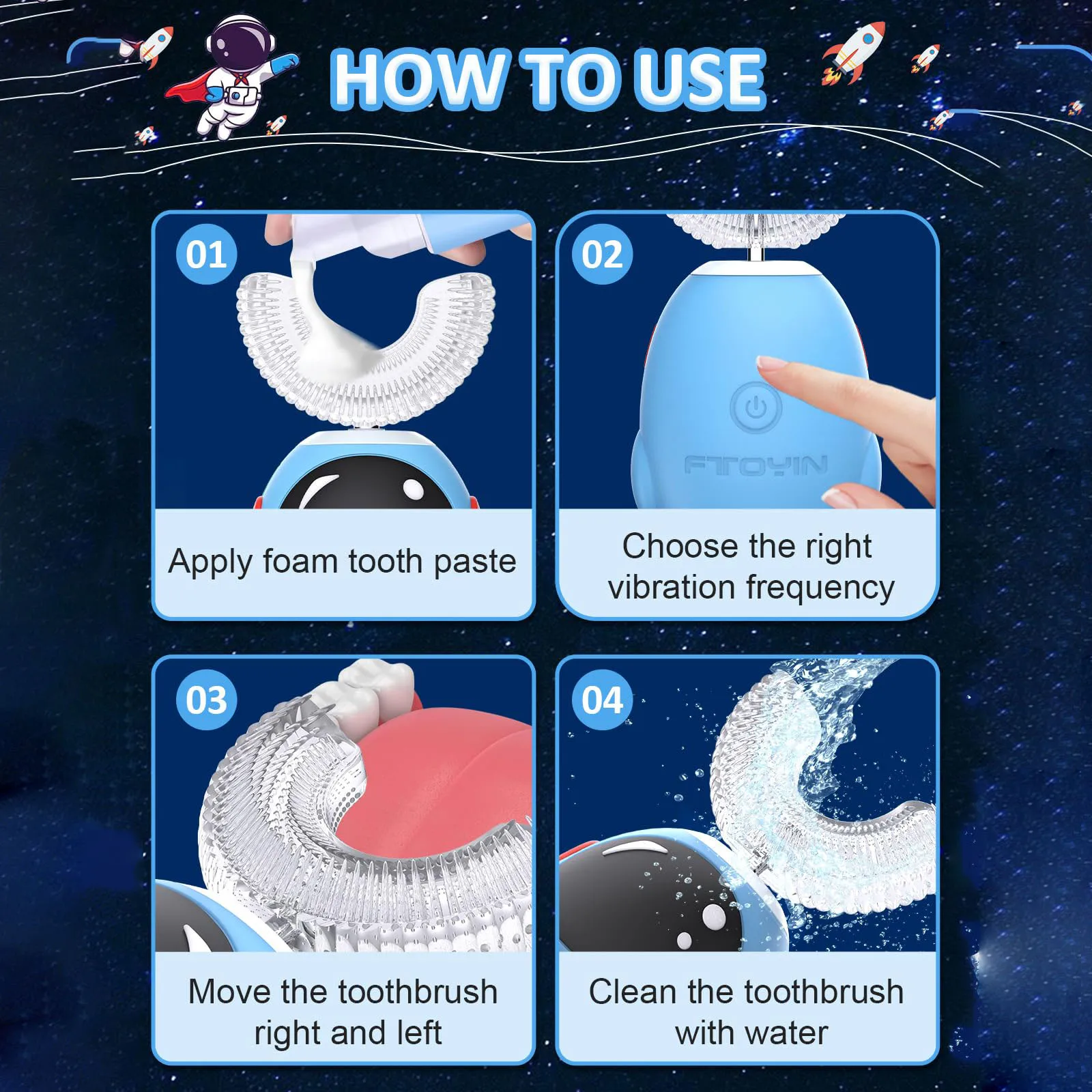 Instructions on how to use a toothbrush with a blue background and space-themed illustrations.