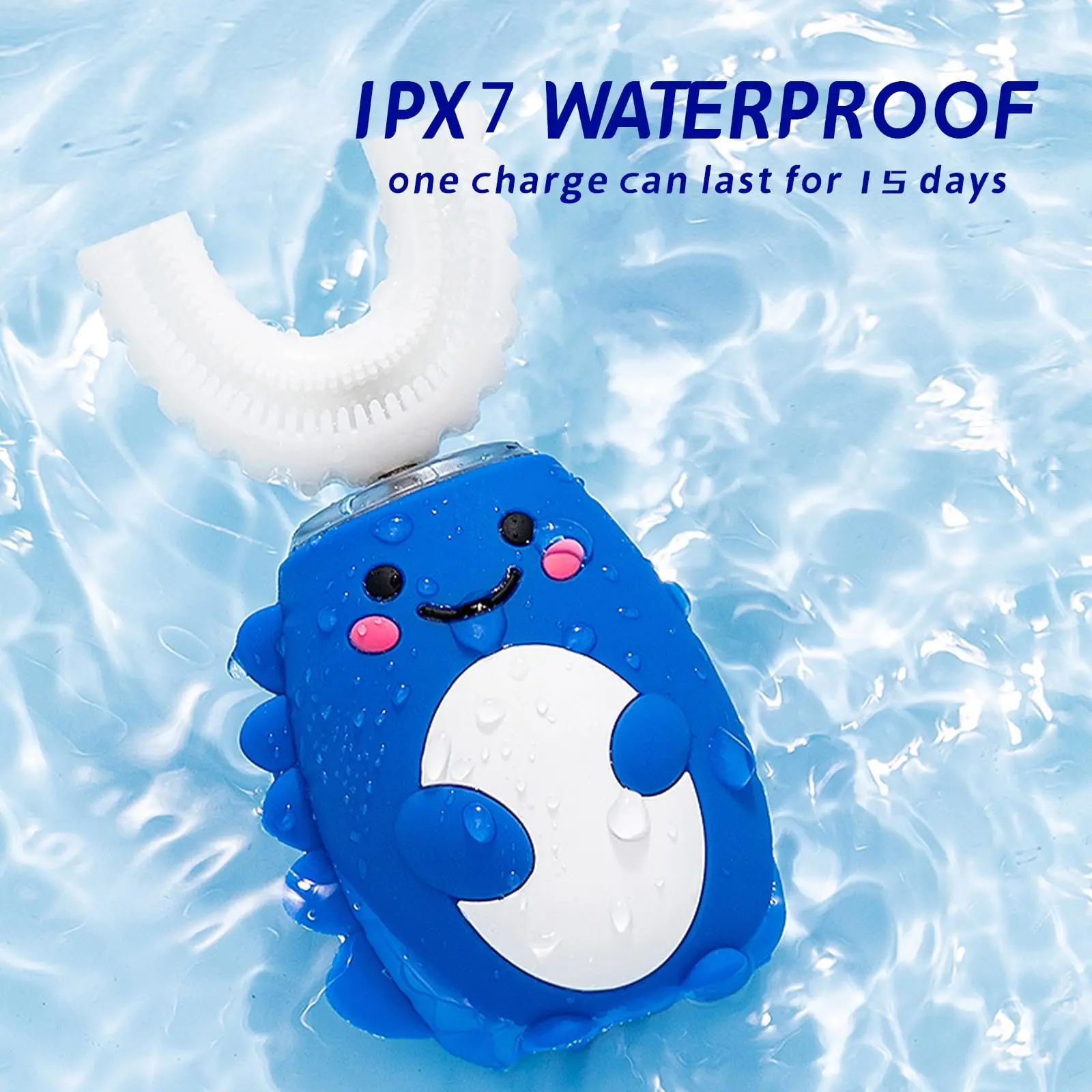 Blue and white device with a happy face on a water background, labeled 'IPX7 Waterproof'.