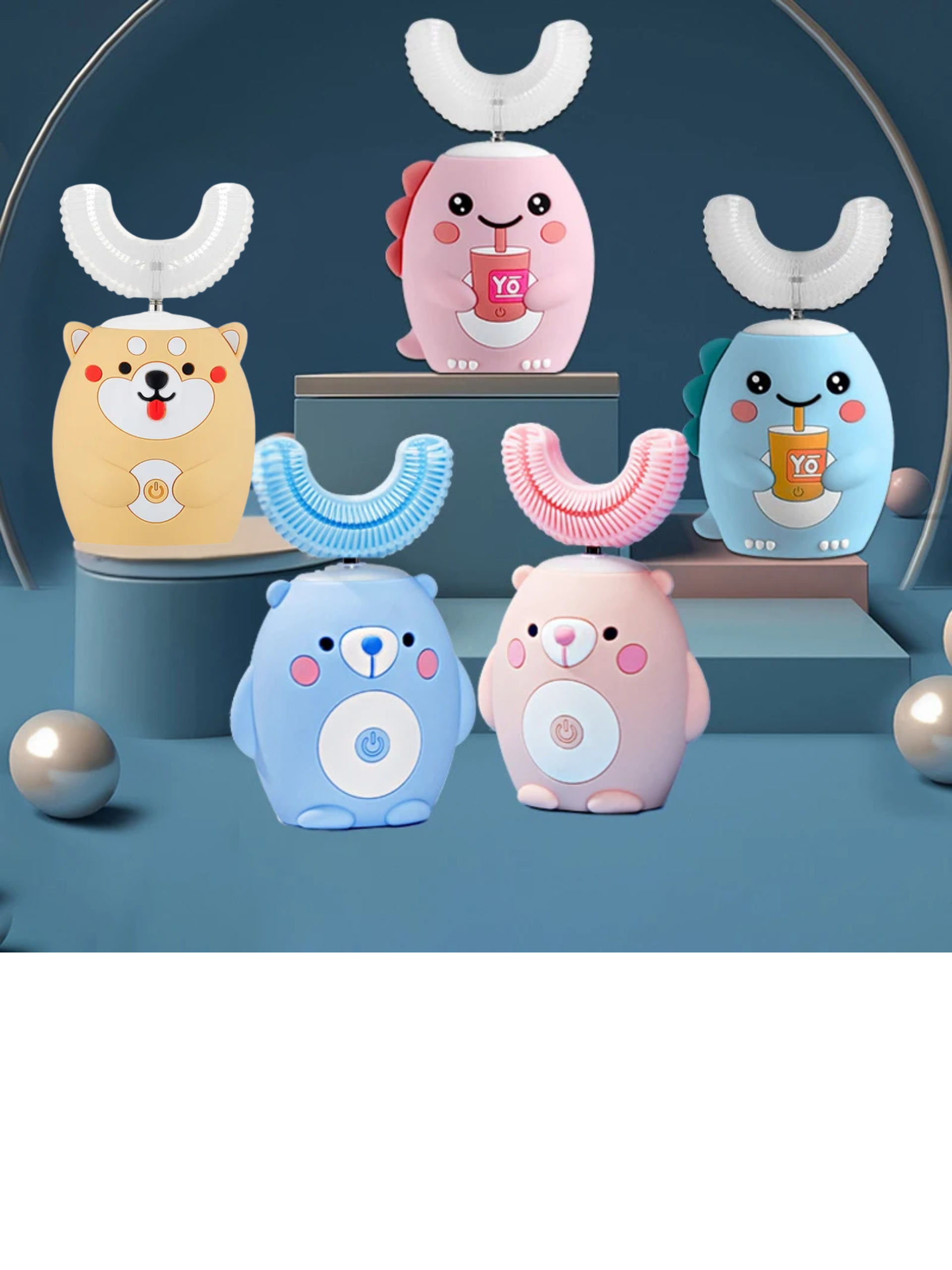 Set of colorful cartoon-style dental devices on a blue platform with a dark blue background.