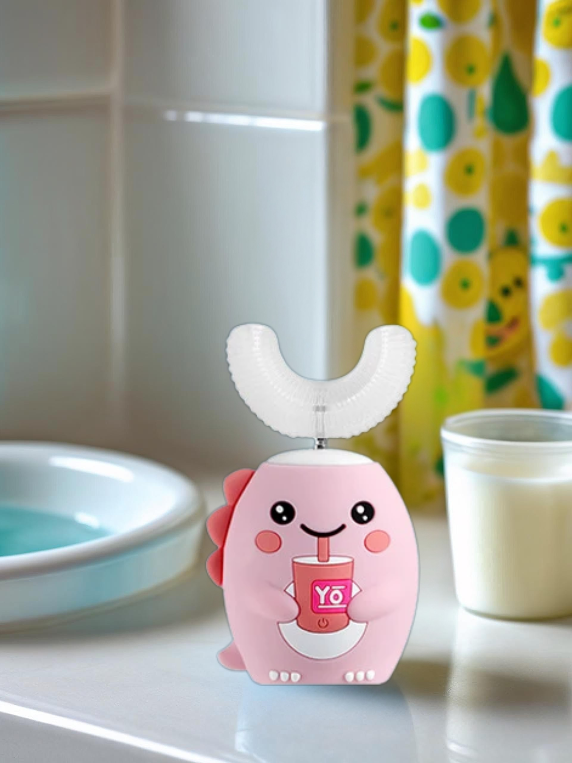Pink cartoon-style toothbrush with a smiley face on a bathroom counter.