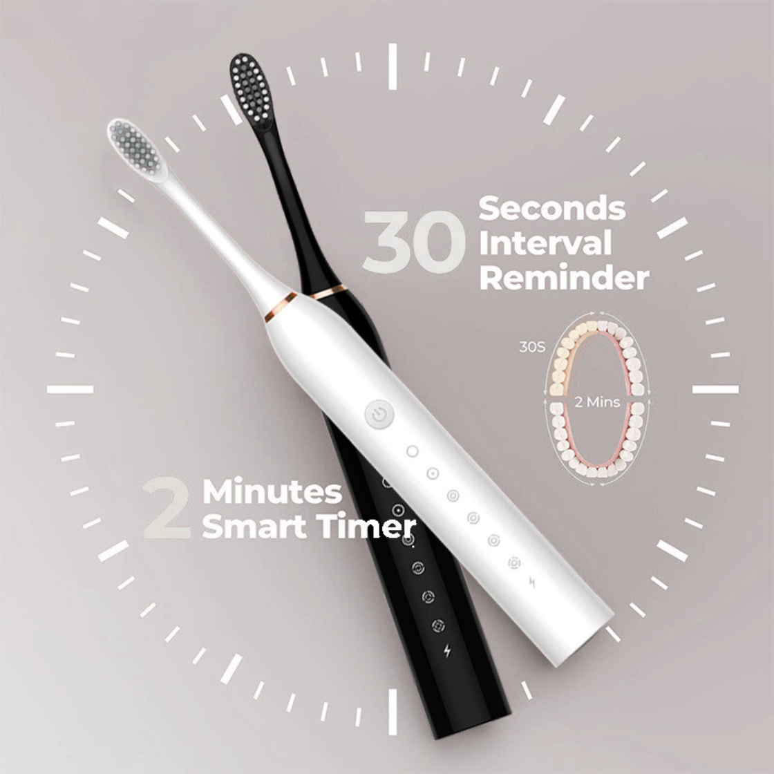 Smart Electric Ultrasonic Toothbrush 2 minute smart reminder. 30 seconds interval reminder.