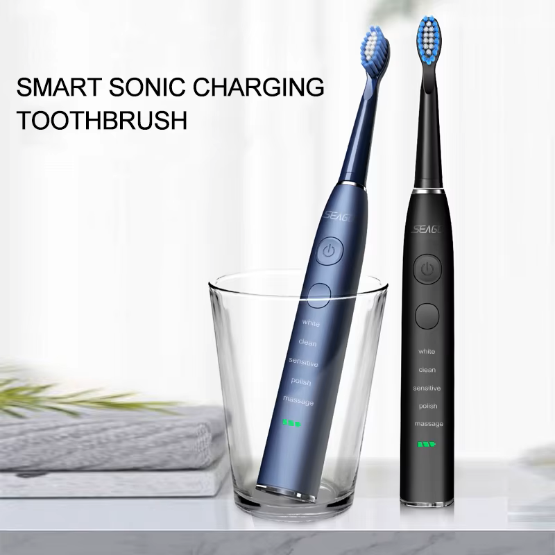 Two smart sonic charging toothbrushes with a glass on a light background
