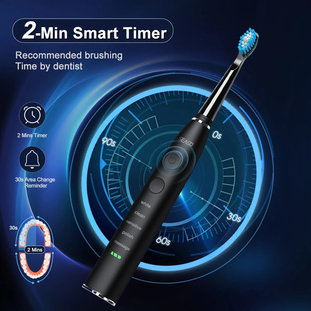 Black electric toothbrush with blue bristles on a dark background, featuring a 2-Min Smart Timer.