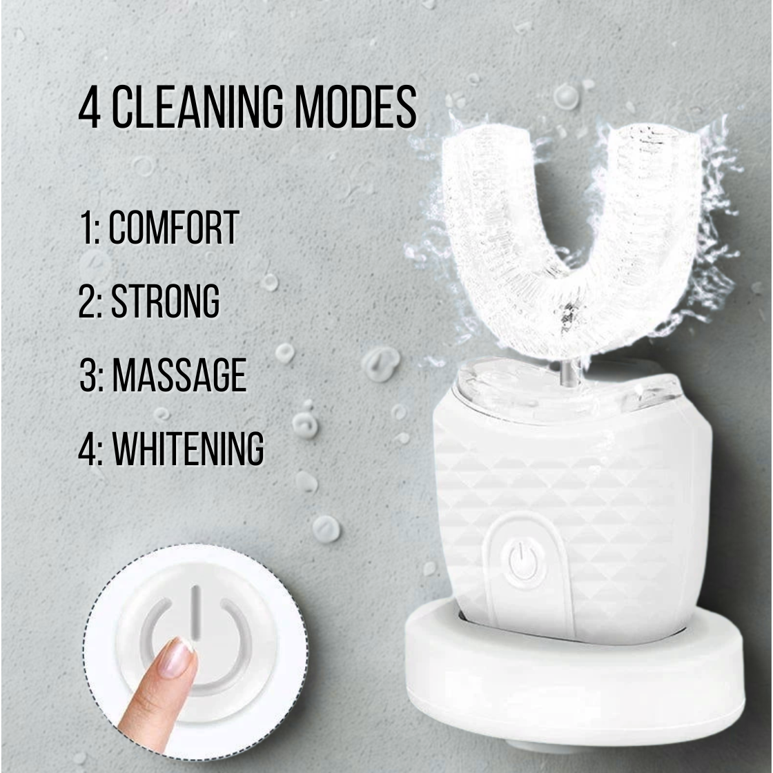 Smart U-Shaped Ultrasonic Whitening Toothbrush cleaning modes: 1. Comfort 2. Strong 3. Massage 4. Whitening