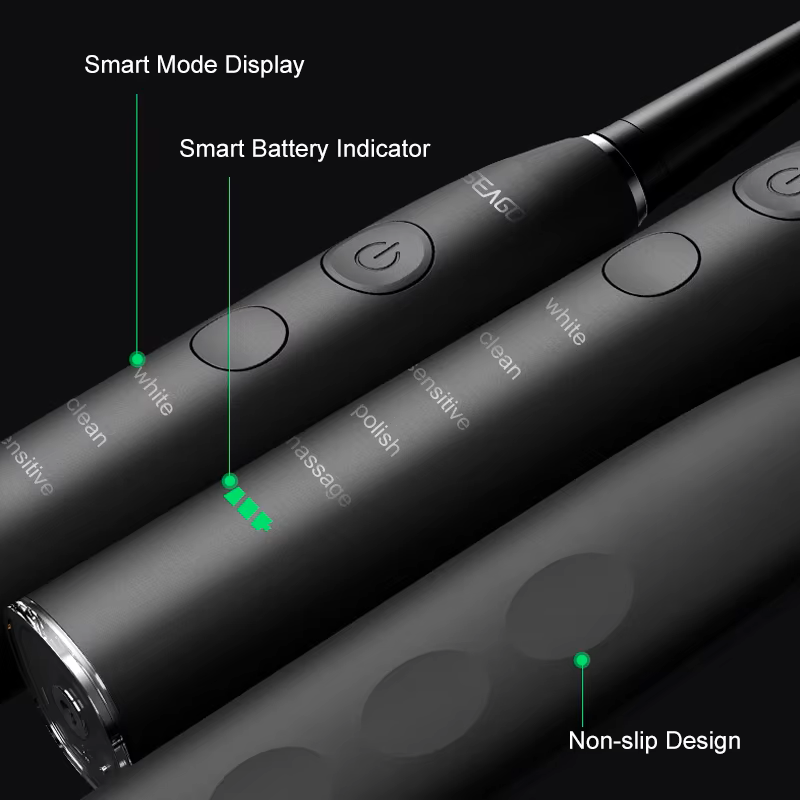 Black electronic device with labeled features on a dark background