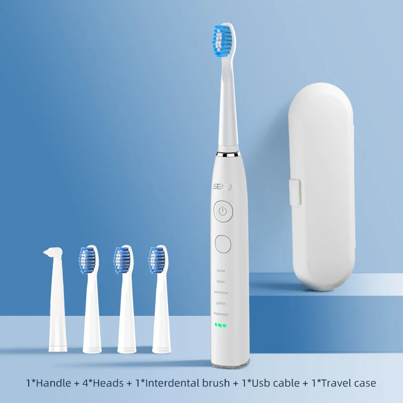 Electric toothbrush set with handle, heads, interdental brush, USB cable, and travel case on a blue background.