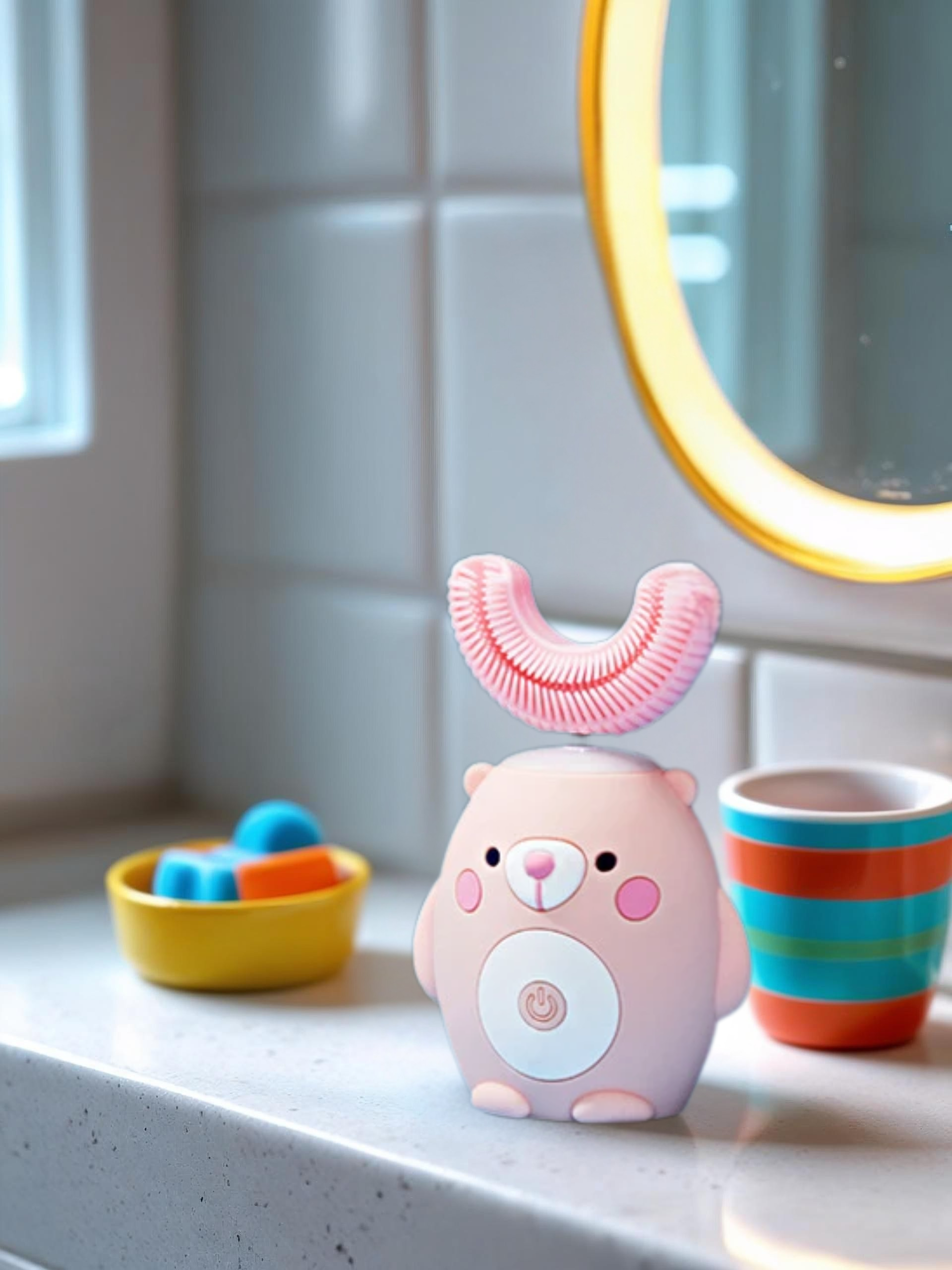 Children's pink toothbrush with bear design on a bathroom counter
