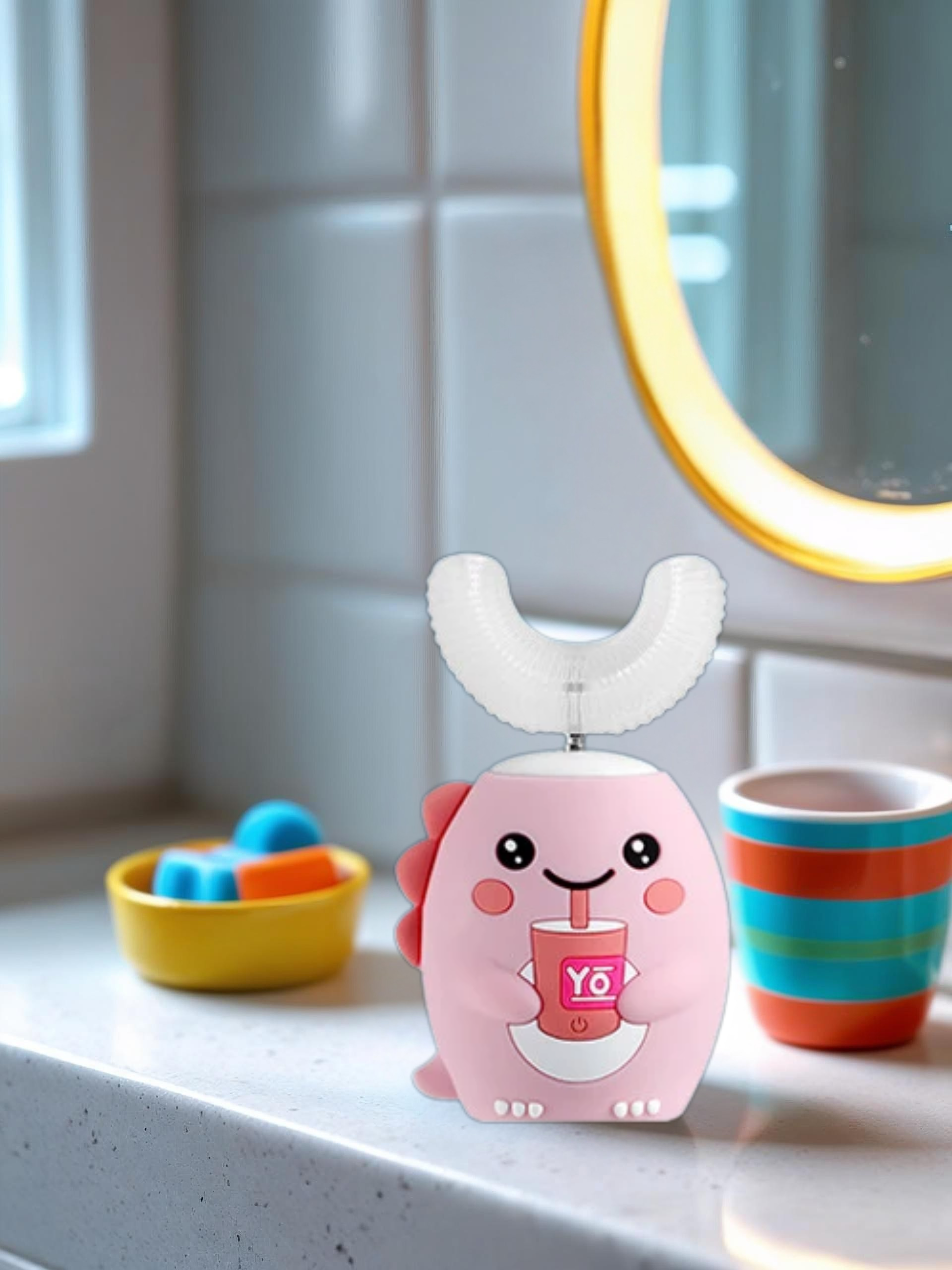 Pink cartoon-style toothbrush holder with a white handle on a kitchen counter.