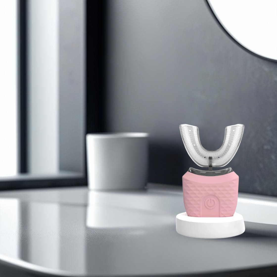 U-Shaped Ultrasonic Whitening Toothbrush in a pink colour, charging on a stand, with a bathroom mirror and sink visible in the background.