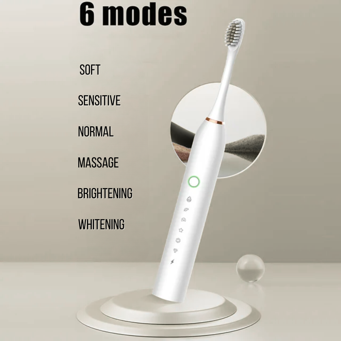Smart Electric Ultrasonic Toothbrush  6 Modes: 1. Soft 2. Sensitive 3. Normal. 4. Massages 5. Brightening 6. Whitening.